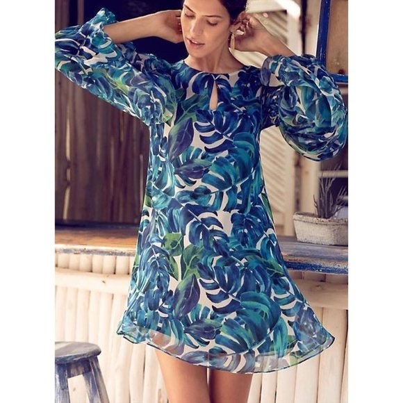 NWT ANTHROPOLOGIE Chloe Oliver Turquoise Tropical Palm Swing Dress size Medium - Picture 2 of 11